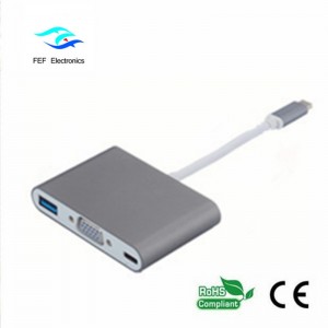 USB TYPE-C na USB3.0 żeńskie + VGA żeńskie + PD trzy w jednym przetworniku Obudowa ABS Kod: FEF - USBIC-007